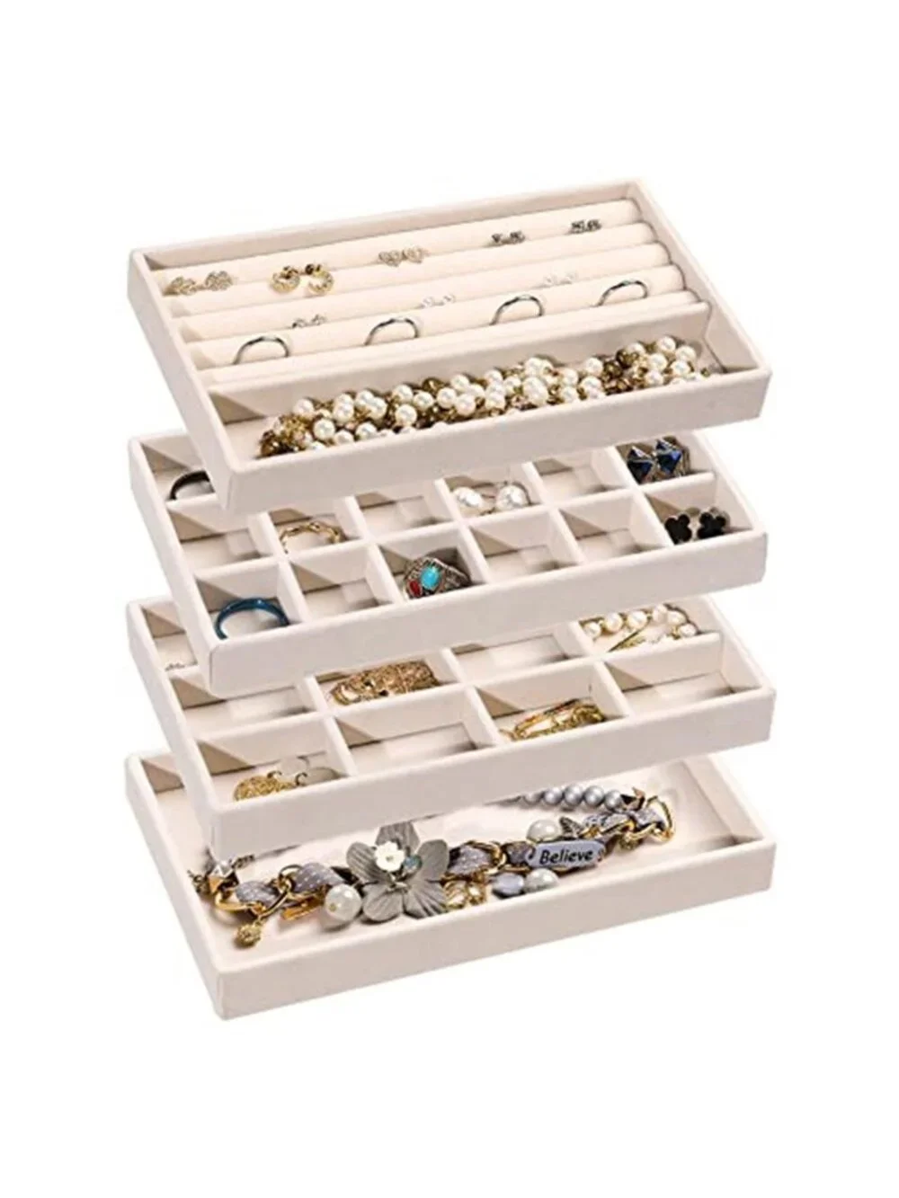 Velvet Jewelry Organizer Tray Set Stackable Ring Earring Necklace Storage Box